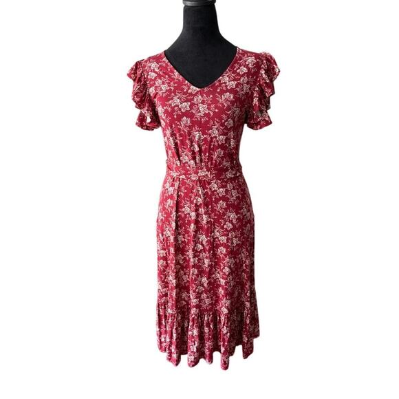 Womens S Lush Red Floral Ruffle Sleeve Midi Dress New with Tags $185 - Picture 1 of 6